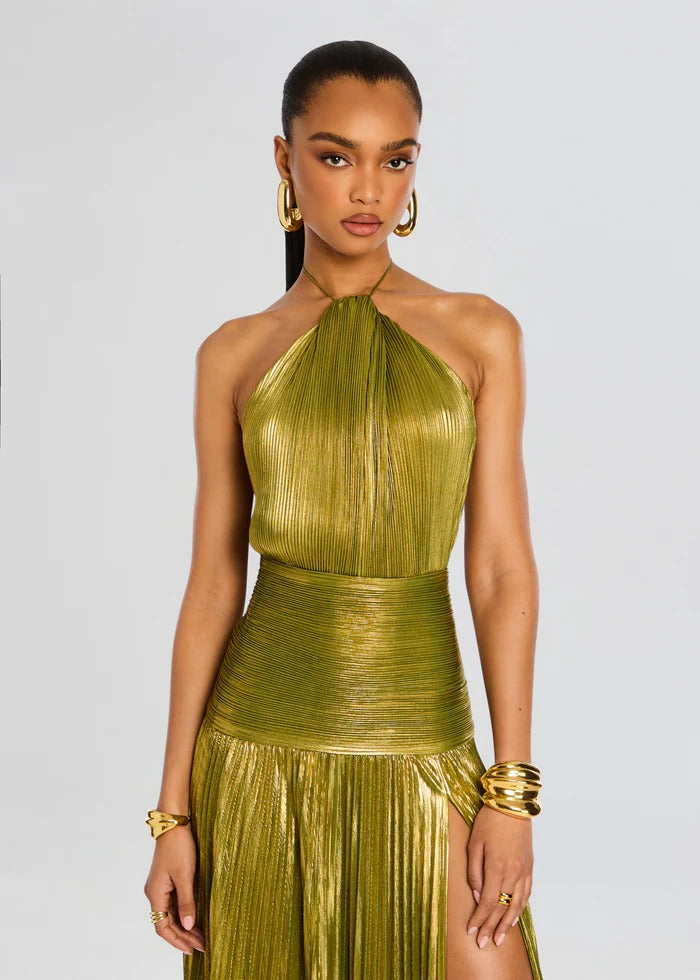 Thalia Metallic Pleated Gown