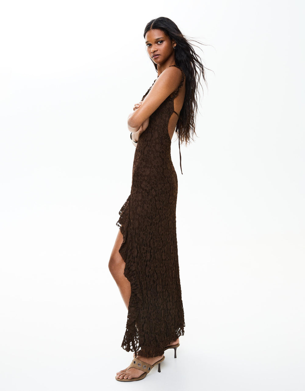 Brown Lace Slit Maxi