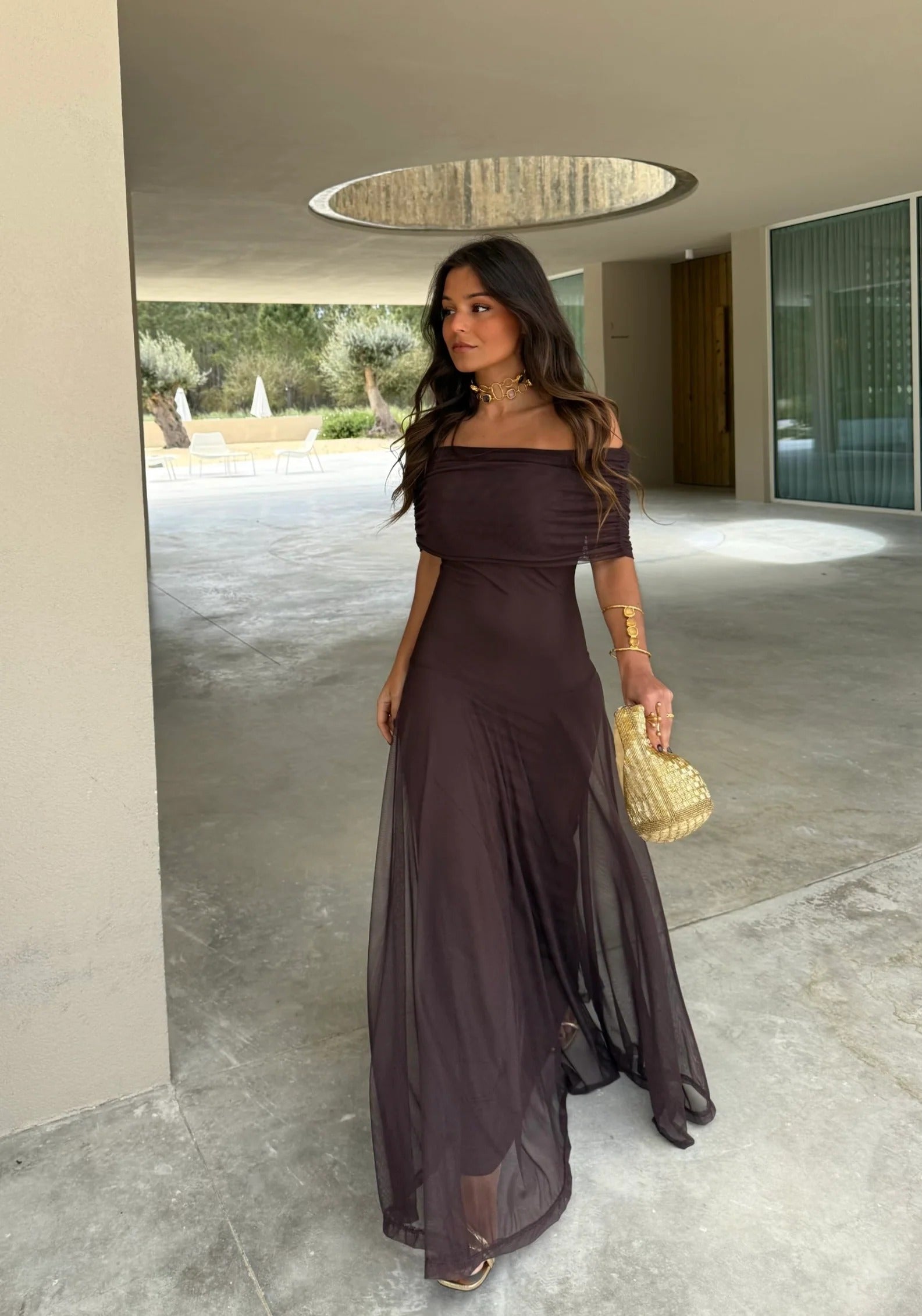 Cacao Mesh Maxi Dress