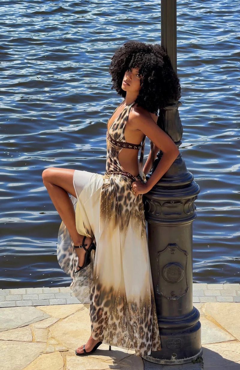 Savana Leopard Halter Maxi - Velvet Elan